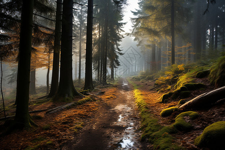 雨后小路迷雾笼罩的秋季森林景观背景