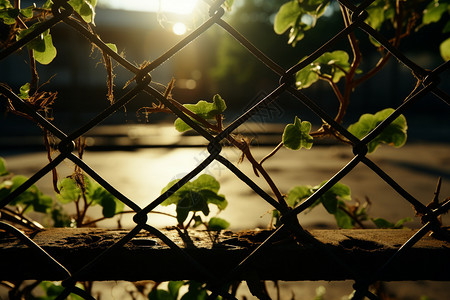 阳光穿过铁丝网上的绿植图片