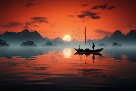 日落时木船上的渔夫图片