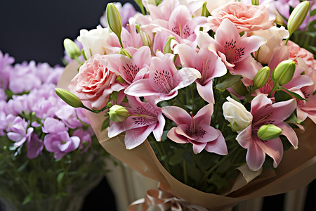 新鲜包装的鲜花花束图片