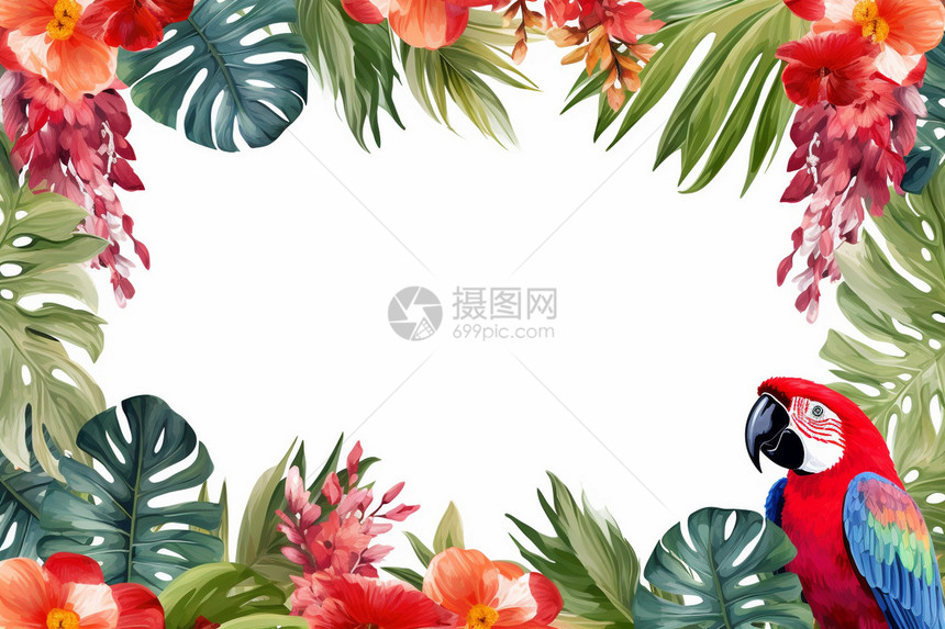 热带鲜花中的五彩鹦鹉图片