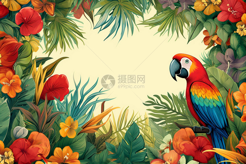 热带花卉下的可爱鹦鹉背景图片