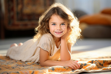 家庭地毯上趴着的小女孩背景图片