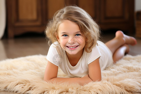 家居地毯上微笑的小女孩图片