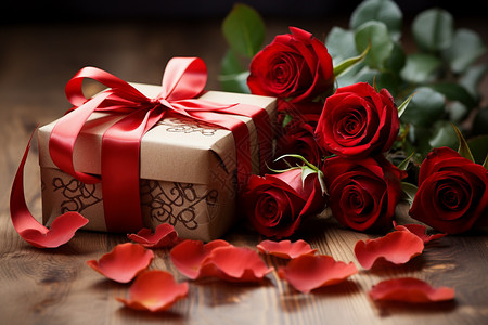 木桌上的红玫瑰和礼品盒背景图片