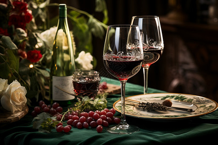 宴会餐桌上的红酒杯图片