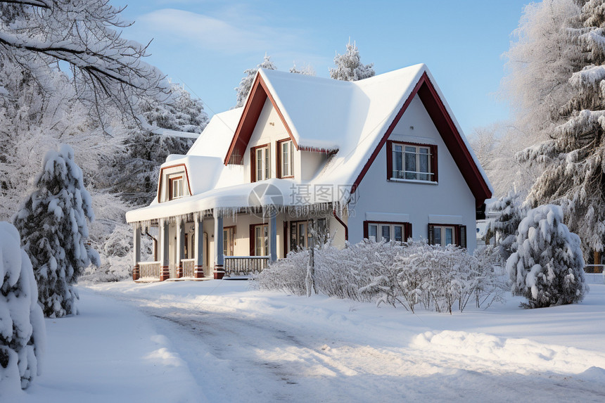 冬季白雪皑皑的建筑小屋图片