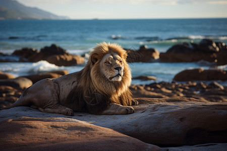 狮子休息在海边岩石上图片