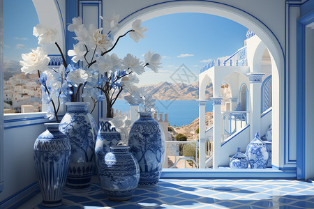 白鲜花素材古典设计感海边建筑设计图片