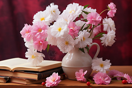桌上的鲜花和书本背景图片
