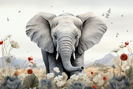 花海中的大象绘画插图背景图片