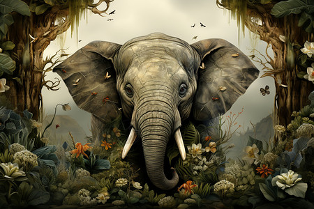 丛林中的卡通大象插图背景图片