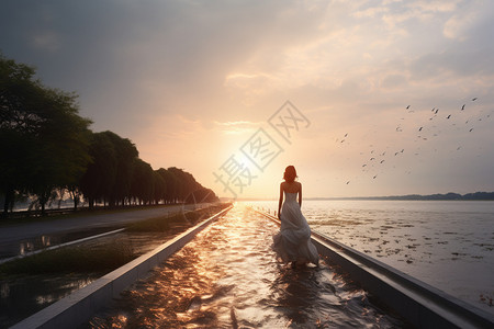 白裙姑娘漫步在湖边木栈道高清图片