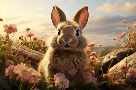 花海中的可爱兔子图片