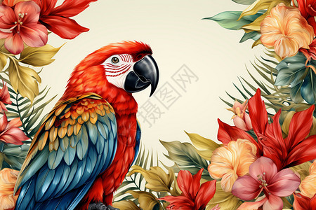 花丛中的彩色鹦鹉背景图片