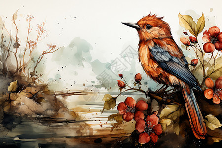 树枝上的鸟类创意插图背景图片