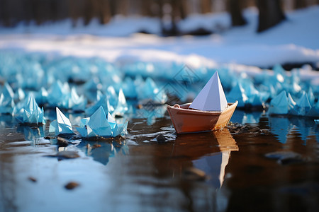 冬天湖面上的纸船图片
