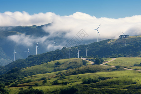 夏季山谷中的风力发电涡轮机背景