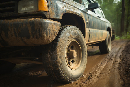 森林泥泞道路上行驶的越野车图片