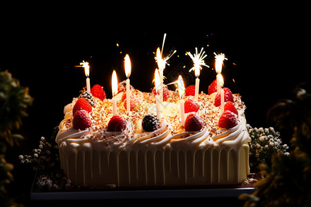 生日派对上点燃蜡烛的蛋糕图片