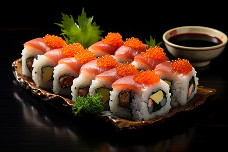 新鲜鱼子新鲜制作的鱼子寿司背景