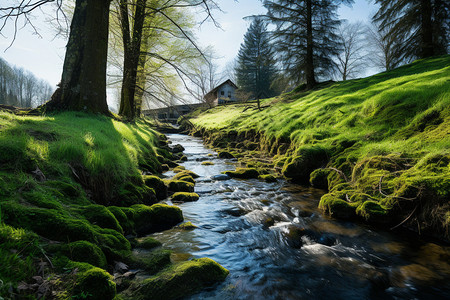 翠绿溪流的森林景观图片