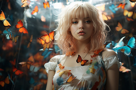 白色蝴蝶围绕的唯美女孩图片