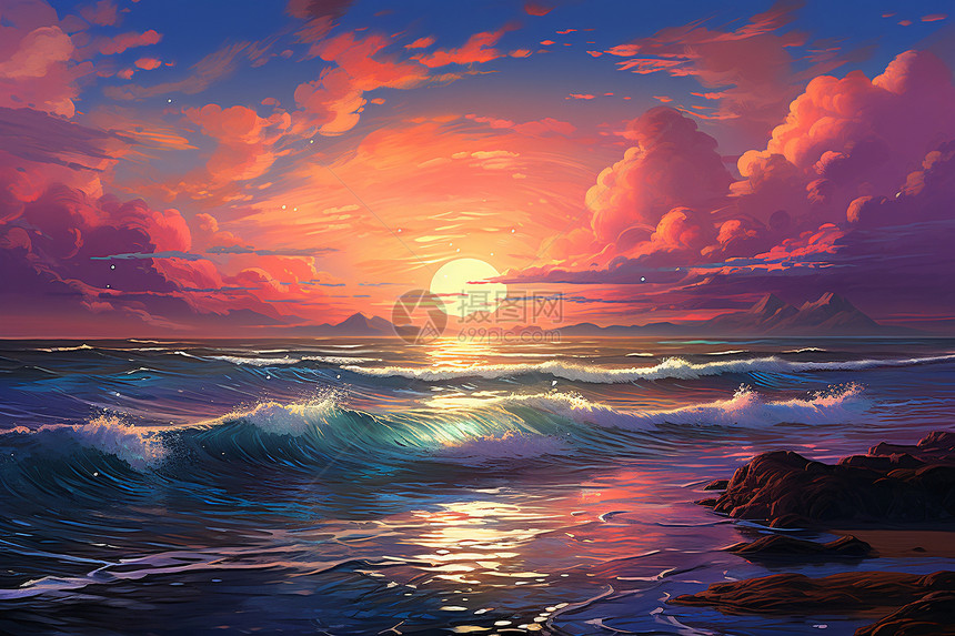 夕阳下海浪拍岸的插画图片