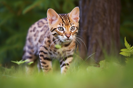 茂密绿林中漫步的猫咪图片