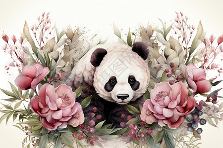 粉色花丛中的熊猫背景图片