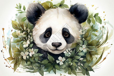 花环中的熊猫插画背景图片