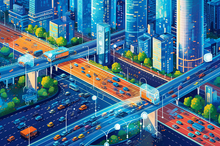 智能街道数字化科技构建的智慧城市插画