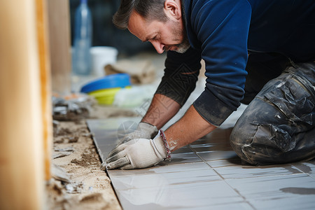 地板铺设维修工人在铺设地砖背景