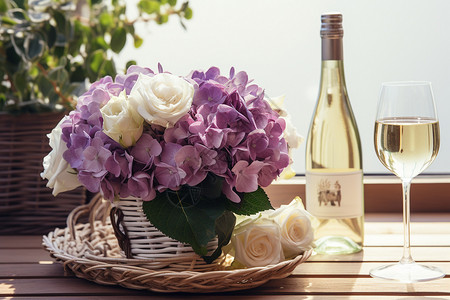 花园浪漫的鲜花和酒高清图片