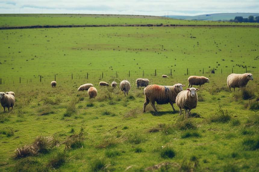 羊群在绿草地上放牧图片