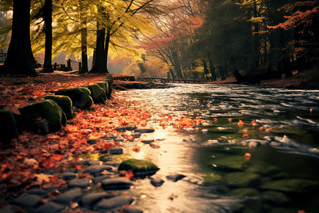秋天小溪中的落叶高清图片