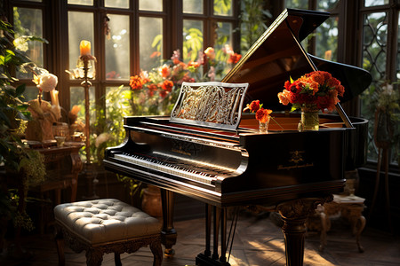 细致光影下的钢琴与花朵背景图片