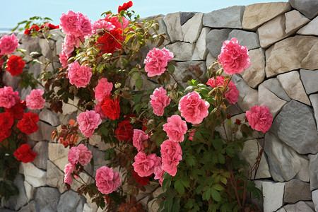 粉墙上盛开的玫瑰花图片