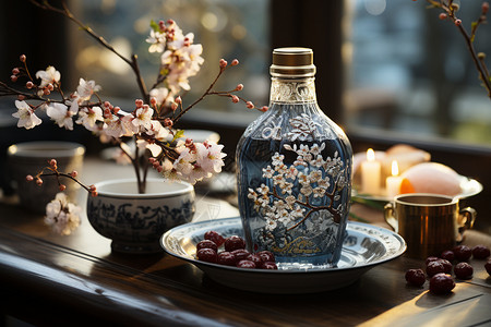 剪纸风立体樱花传统雕花瓷器酒具背景