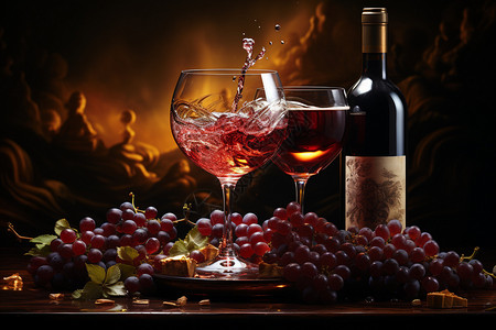 葡萄和飞溅的红酒图片