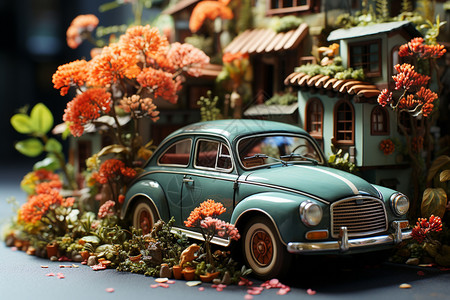花卉街道背景花园里的迷你汽车世界设计图片