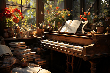 阳光下的钢琴角落背景图片