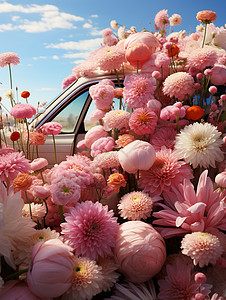 粉色汽车梦幻粉色花朵设计图片
