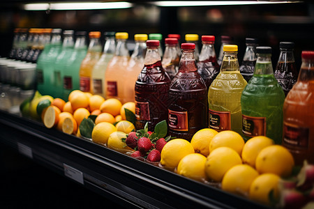 冰镇的瓶装果汁超市货架上各类饮品背景