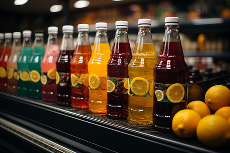 饮料陈列在超市货架上高清图片