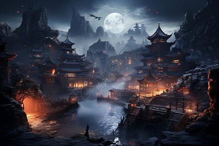 中国佛教夜晚山中的佛教建筑群设计图片