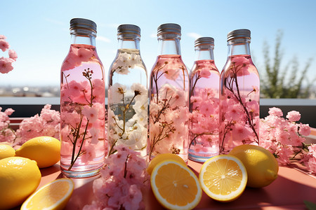 盛满液体和柠檬的瓶子图片