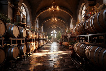 葡萄酒酒窖酒窖里摆放整齐木质酒桶设计图片