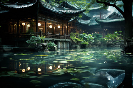 中式园林夜景复古园林美景设计图片