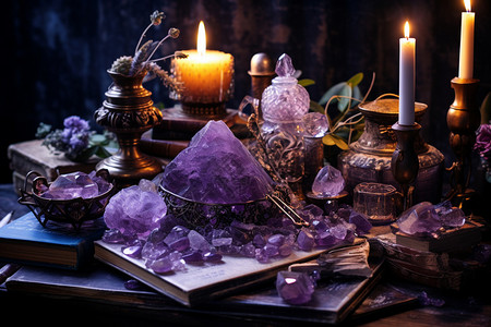 石头烛台紫色水晶古典烛台背景